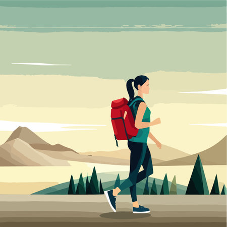 Woman tourist with backpack climbs to top mountain, looks into distance at is on the horizon vector illustration, travel and campingのイラスト素材