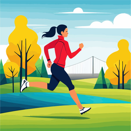 Young woman jogging. Active healthy lifestyle concept, running, city competition, marathons, cardio workout, outdoor exercise. Vector illustrations for flyer, leaflet, advertising bannerのイラスト素材