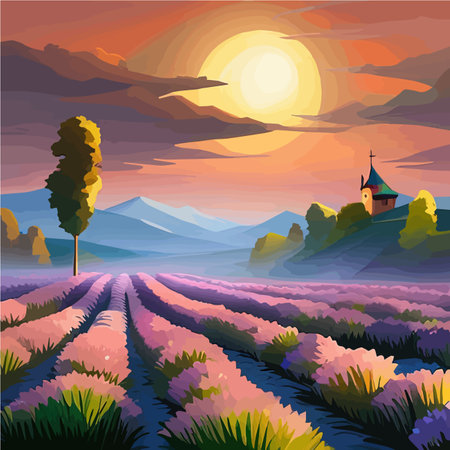 Stunning landscape with lavender field at sunset nature vector illustrationのイラスト素材