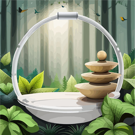 Round pedestal in green forest scenery empty product podium in natural environment, green trees around, mystical mood, vector illustrationのイラスト素材