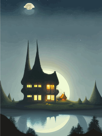 Old house in woods against background full moon. Dwelling witch, sorcerer. Mystical creepy night fog. Vector illustrationのイラスト素材