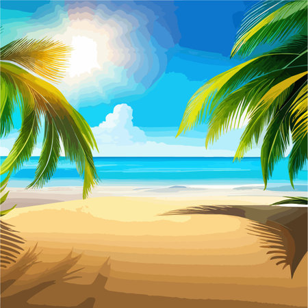 Seascape. Summer tropical beach with golden sand palm branches. Vector illustrationのイラスト素材