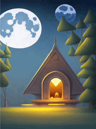 Old house in woods against background full moon. Dwelling witch, sorcerer. Mystical creepy night fog. Vector illustrationのイラスト素材