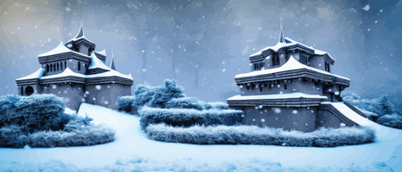 Banner Vector illustration fabulous castle and winter landscape on snowy weather with snowfallのイラスト素材