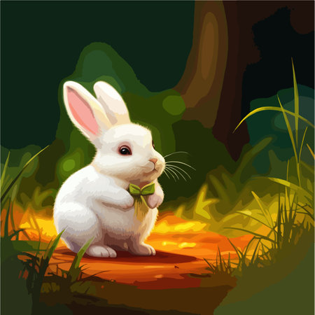 Cute white hare standing cheerful in forest clearing on green grass with flowers on a sunny day, vector illustrationのイラスト素材