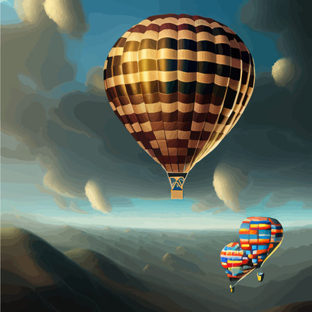 Hot air balloon in sky background and mountains with cloudy sky, vector illustration