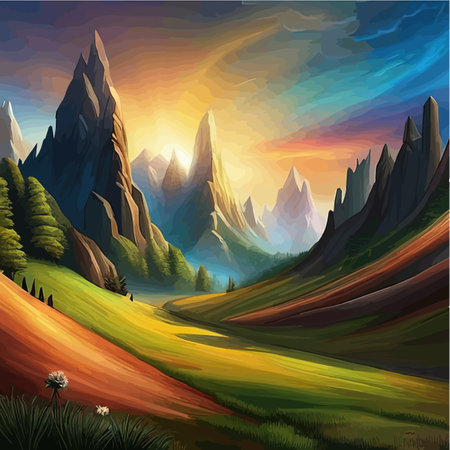 Misty morning in mountains full fog over Forest, mountains and cloudy sky vector illustrationのイラスト素材