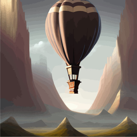 Hot air balloon in sky background and mountains with cloudy sky, vector illustrationのイラスト素材