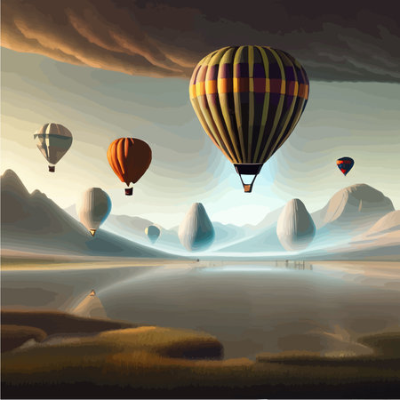 Hot air balloon in sky background and mountains with cloudy sky, vector illustrationのイラスト素材