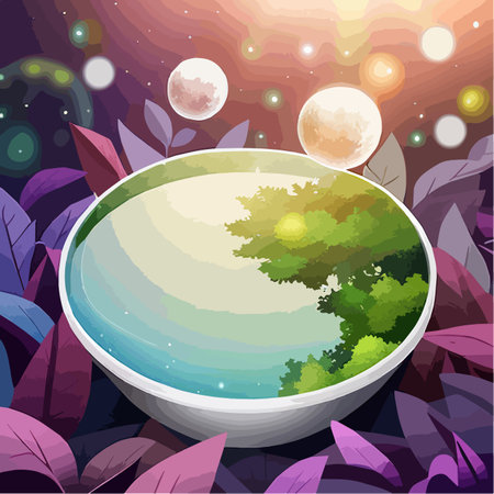 Abstract bright color springtime minimal round podium for product display with flowers and green leaves on natural background, vector illustration concept of natural cosmeticsのイラスト素材