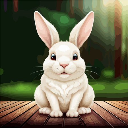 Little cute white bunny. Happy funny creature cartoon vector illustration adorable rabbit on color backgroundのイラスト素材