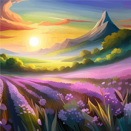 Stunning landscape with lavender field at sunset nature vector illustrationのイラスト素材