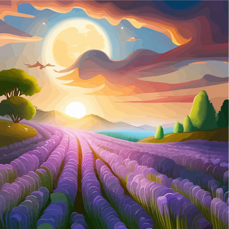 Stunning landscape with lavender field at sunset nature vector illustrationのイラスト素材