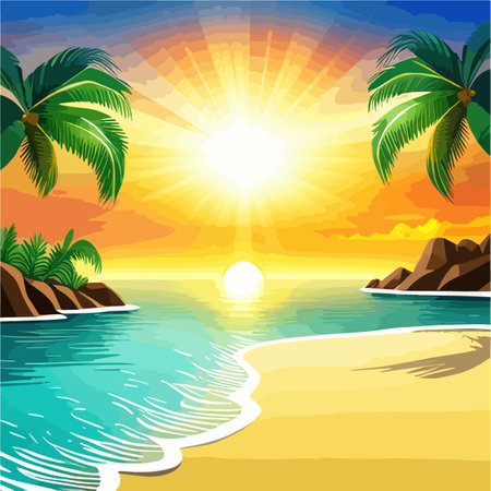 Seascape. Summer tropical beach with golden sand palm branches. Vector illustrationのイラスト素材