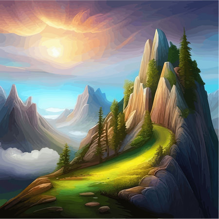 Misty morning in mountains full fog over Forest, mountains and cloudy sky vector illustrationのイラスト素材