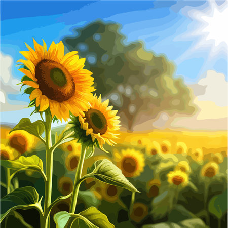 Field sunflowers in summer, against blue sky with clouds and rays sun, concept of natural sunflower oil, vector illustrationのイラスト素材