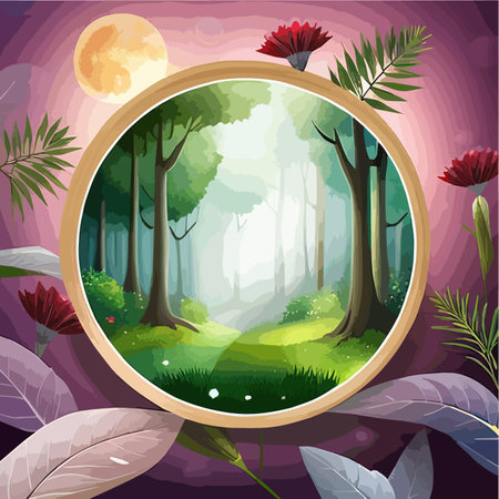 Abstract bright color springtime minimal round podium for product display with flowers and green leaves on natural background, vector illustration concept of natural cosmeticsのイラスト素材