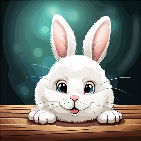 Little cute white bunny. Happy funny creature cartoon vector illustration adorable rabbit on color backgroundのイラスト素材