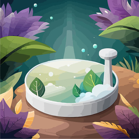 Abstract bright color springtime minimal round podium for product display with flowers and green leaves on natural background, vector illustration concept of natural cosmeticsのイラスト素材