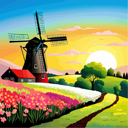 Vector illustration landscape with Dutch tulips and windmills. For design posters and greetingsのイラスト素材