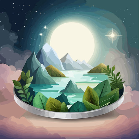 Abstract bright color springtime minimal round podium for product display with flowers and green leaves on natural background, vector illustration concept of natural cosmeticsのイラスト素材