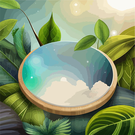 Abstract bright color springtime minimal round podium for product display with flowers and green leaves on natural background, vector illustration concept of natural cosmeticsのイラスト素材