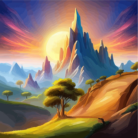 Misty morning in mountains full fog over Forest, mountains and cloudy sky vector illustrationのイラスト素材