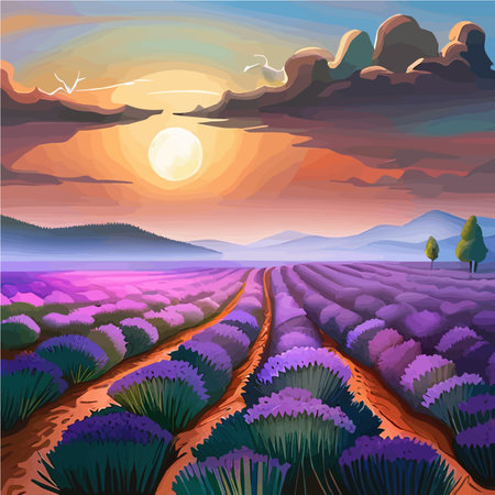 Simple natural horizontal background with blooming lavender field scenery. Serenity nature landscape with purple plants, mountains, floating clouds vector illustration.のイラスト素材