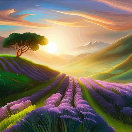 Simple natural horizontal background with blooming lavender field scenery. Serenity nature landscape with purple plants, mountains, floating clouds vector illustration.のイラスト素材