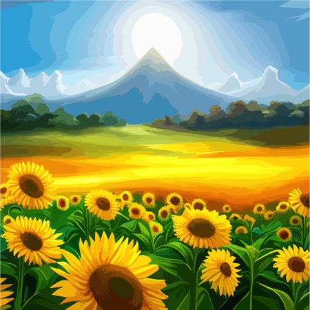 Large field sunflowers with sky background. Vector illustration nature on sunny day, agriculture conceptのイラスト素材