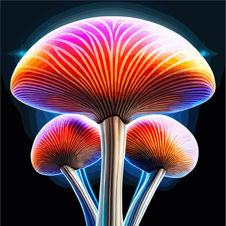 Luminous mushroom with small neon mushrooms design on dark background, vector illustrationのイラスト素材