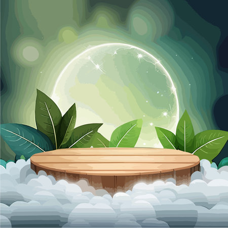 Abstract bright color springtime minimal round podium for product display with flowers and green leaves on natural background, vector illustration concept of natural cosmeticsのイラスト素材