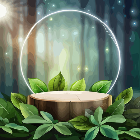 Abstract bright color springtime minimal round podium for product display with flowers and green leaves on natural background, vector illustration concept of natural cosmeticsのイラスト素材