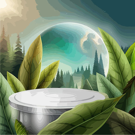 Abstract bright color springtime minimal round podium for product display with flowers and green leaves on natural background, vector illustration concept of natural cosmeticsのイラスト素材