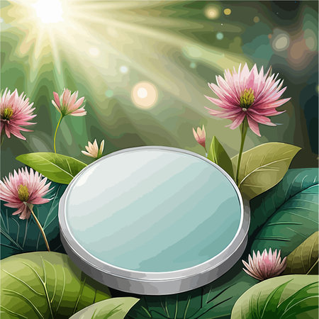 Abstract bright color springtime minimal round podium for product display with flowers and green leaves on natural background, vector illustration concept of natural cosmeticsのイラスト素材