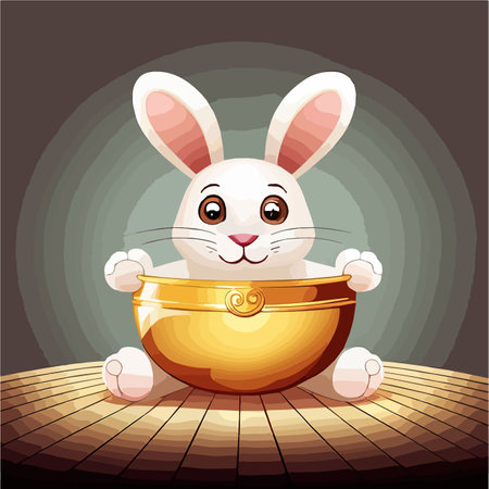 Little cute white bunny. Happy funny creature cartoon vector illustration adorable rabbit on color backgroundのイラスト素材