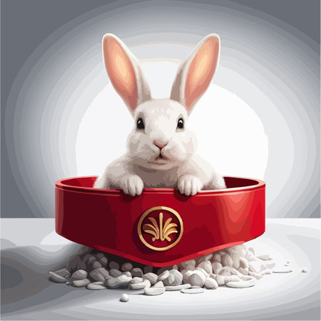 Little cute white bunny. Happy funny creature cartoon vector illustration adorable rabbit on color backgroundのイラスト素材