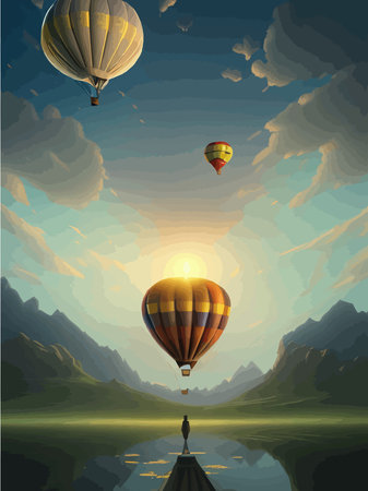 Hot air balloons over cloudy sky and mountains vintage style, vertical vector illustrationEPS 10のイラスト素材