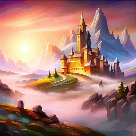 Misty morning in mountains full fog over Forest, mountains and cloudy sky vector illustrationのイラスト素材