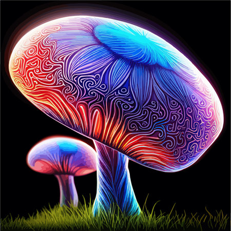 Fantasy magic mushroom with growths, vector cartoon icon. Toxic luminous mushroom from fairy tale or fantasy, amanita with acid yellow poisonous in neon light, vector illustration on black backgroundのイラスト素材