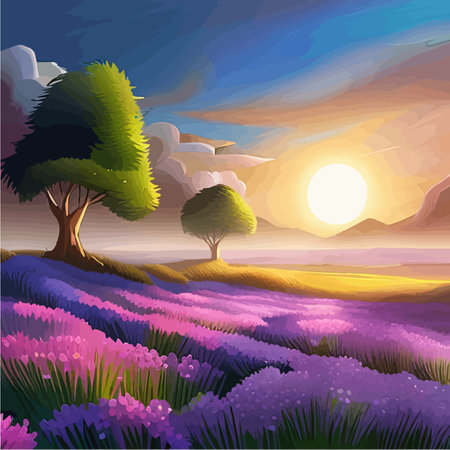 Lavender field Sunset. Violet background. France Provence. Spring summer postcard banner. Fragrant flowers. Aroma. Lavender fields in France. Mediterranean landscape. Vector illustrationのイラスト素材