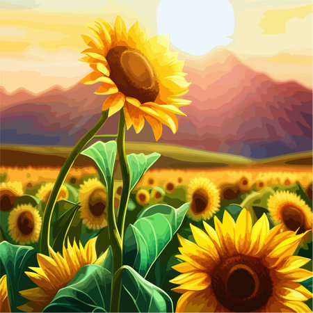 Field sunflowers in summer, against blue sky with clouds and rays sun, concept of natural sunflower oil, vector illustrationのイラスト素材