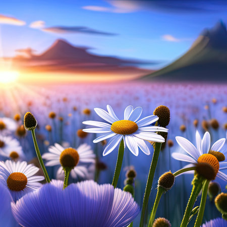 Beautiful daisies on the background of a mountain landscape.の素材