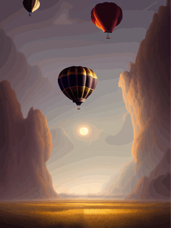 Hot air balloons over cloudy sky and mountains vintage style, vertical vector illustrationEPS 10のイラスト素材