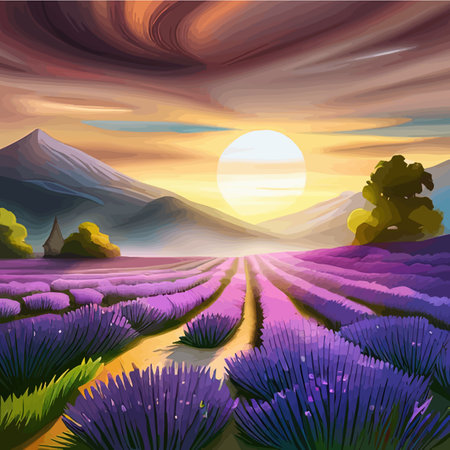 Simple natural horizontal background with blooming lavender field scenery. Serenity nature landscape with purple plants, mountains, floating clouds vector illustration.のイラスト素材
