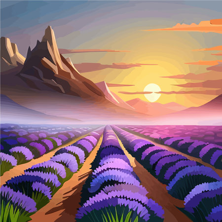 Simple natural horizontal background with blooming lavender field scenery. Serenity nature landscape with purple plants, mountains, floating clouds vector illustration.のイラスト素材