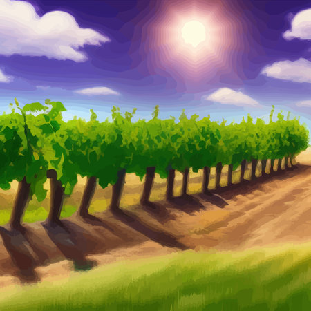 Beautiful rural scene with vineyard on hills with trees and bushes against background of the mountains. Summer landscape vector illustrationのイラスト素材