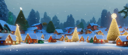 Nice winter landscape. Fabulous Lovely houses with warm light in the windows in the snowy valley in the evening. Horizontal seamless landscape winter banner. Vector illustrationのイラスト素材