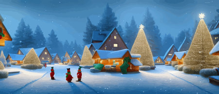 Nice winter landscape. Fabulous Lovely houses with warm light in the windows in the snowy valley in the evening. Horizontal seamless landscape winter banner. Vector illustrationのイラスト素材