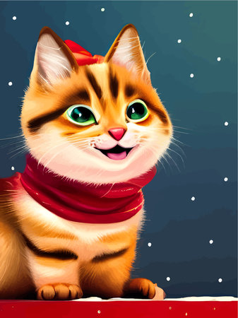 Vector illustration of a funny kitten sitting smiling on a cartoon colored backgroundのイラスト素材